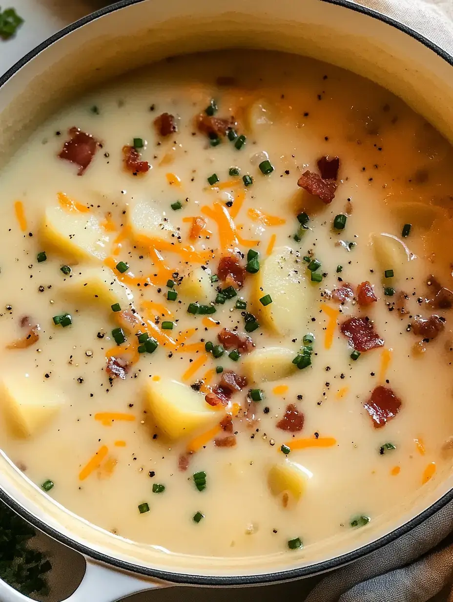 A creamy potato soup topped with bacon, chives, and shredded cheese, served in a white pot.