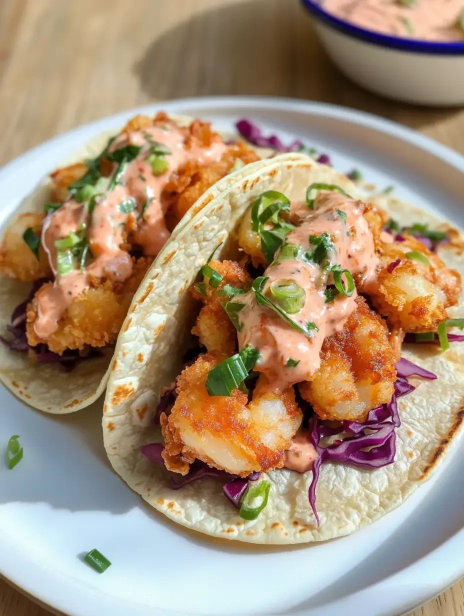 Two crispy shrimp tacos are topped with a creamy sauce and garnished with green onions, resting on a bed of purple cabbage.