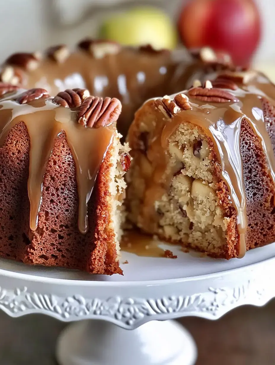 A sliced bundt cake topped with caramel drizzle and pecans sits on a decorative white cake stand.