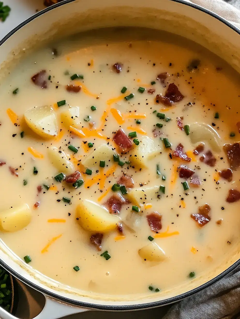 A creamy potato soup topped with bacon, shredded cheese, and chopped chives in a white pot.