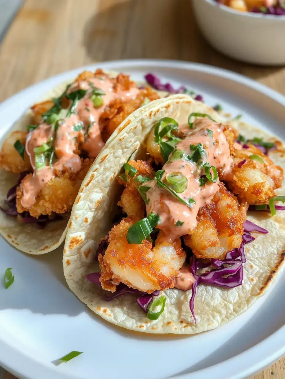 Two tacos filled with crispy shrimp, topped with a spicy sauce and green onions, served on a bed of purple cabbage.