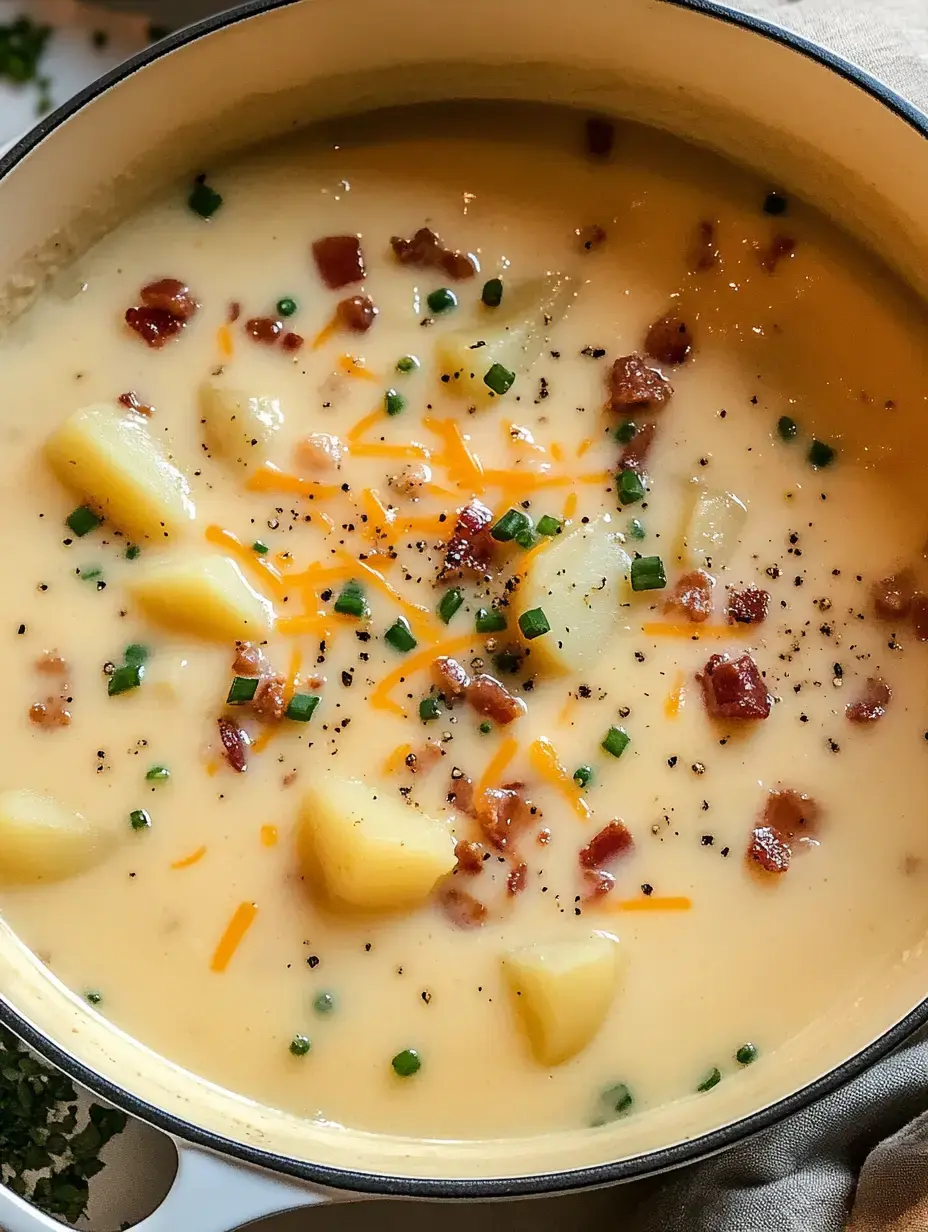 A creamy potato soup garnished with crispy bacon, cheddar cheese, and chopped chives.