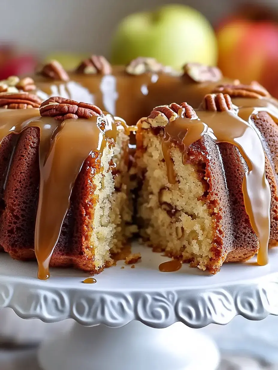 A slice of bundt cake topped with caramel and pecans, sitting on a decorative cake stand with apples in the background.