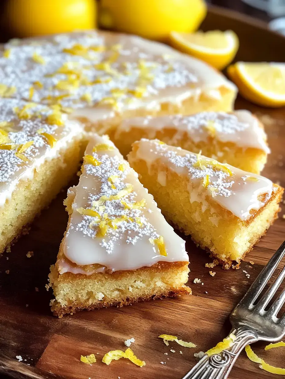 A lemon cake topped with icing and lemon zest is partially sliced and served on a wooden platter, with whole lemons in the background.