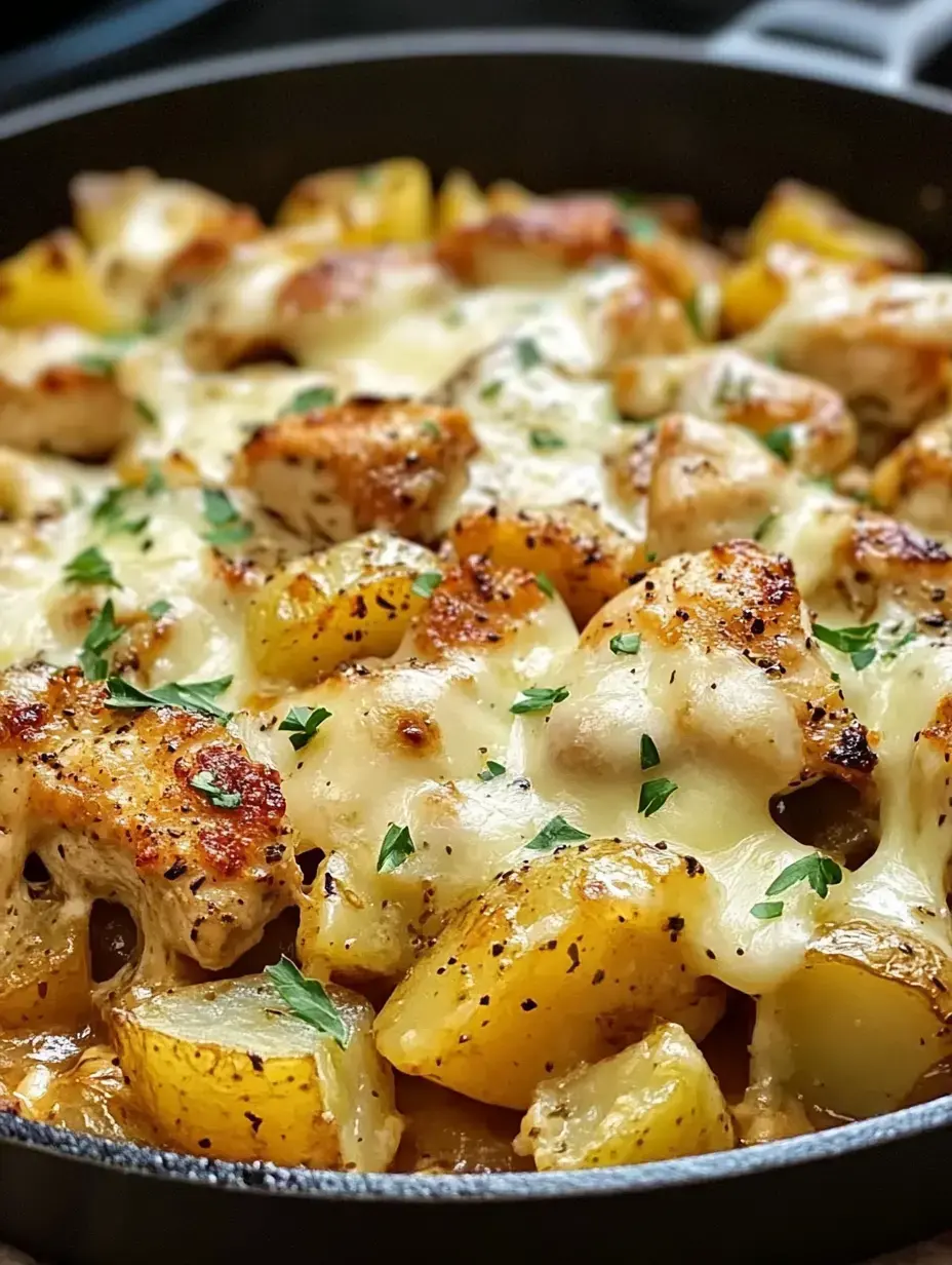 A close-up of a skillet filled with baked chicken pieces and yellow potatoes, topped with melted cheese and garnished with chopped parsley.