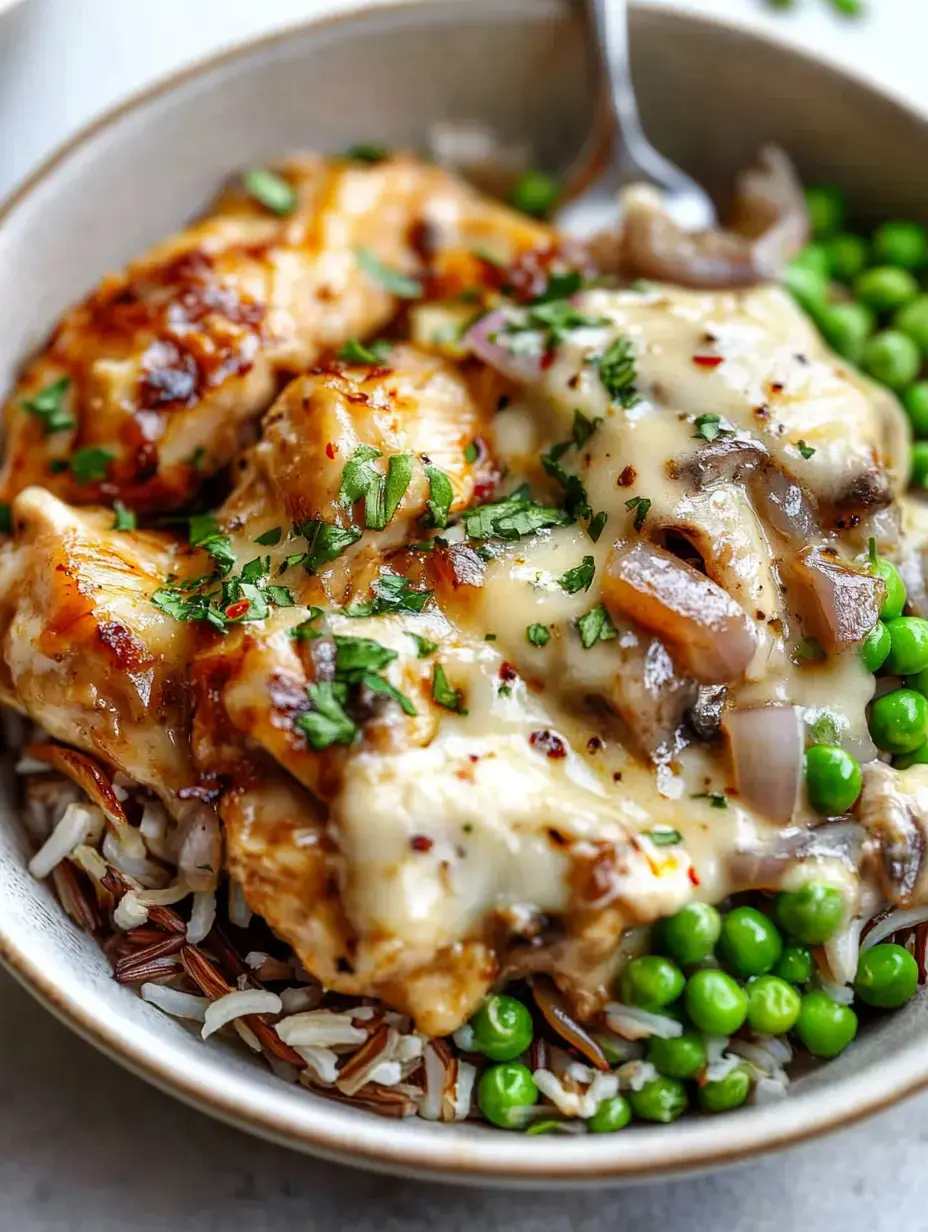 A close-up of a bowl filled with rice, green peas, and pieces of chicken smothered in a creamy sauce, garnished with chopped herbs.