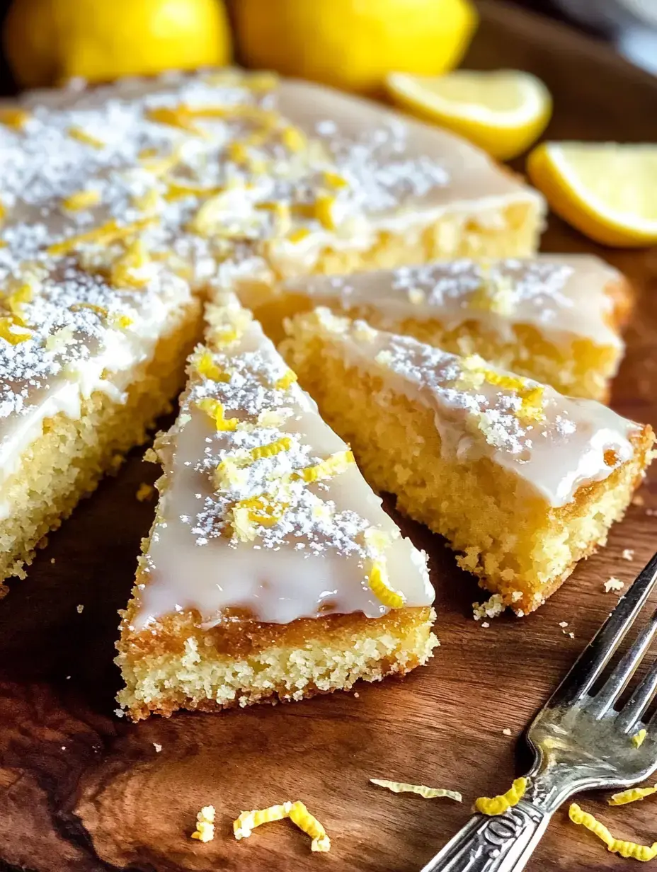 A sliced lemon cake topped with a glossy glaze and powdered sugar, garnished with lemon zest, on a wooden surface with whole lemons in the background.