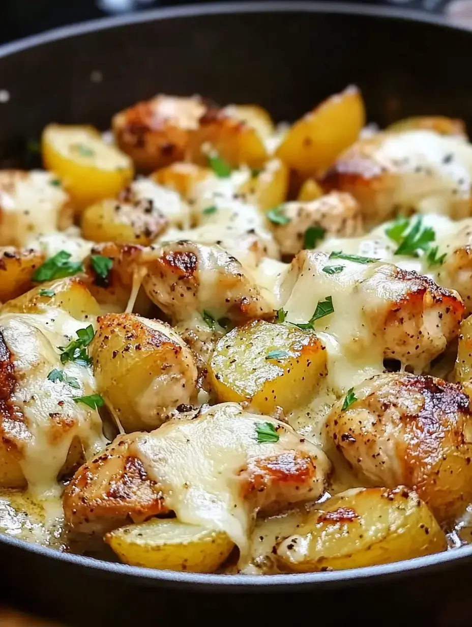 A skillet filled with roasted chicken pieces and golden potatoes, topped with melted cheese and garnished with fresh parsley.