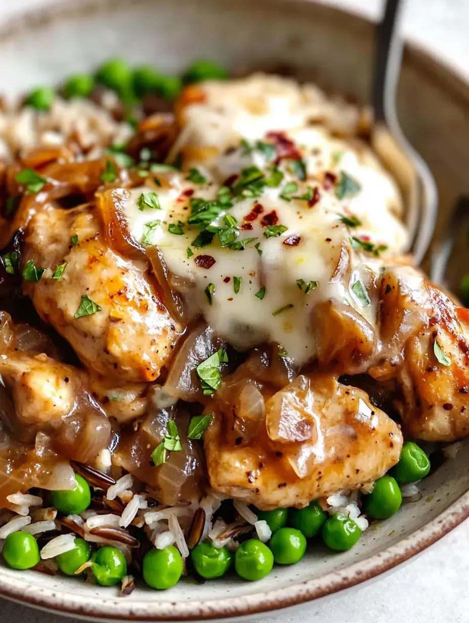 A bowl of chicken smothered in gravy and cheese, served over rice and peas, garnished with fresh herbs.