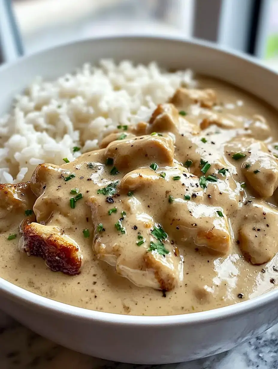 A bowl of creamy chicken served with steamed rice, garnished with chopped herbs.