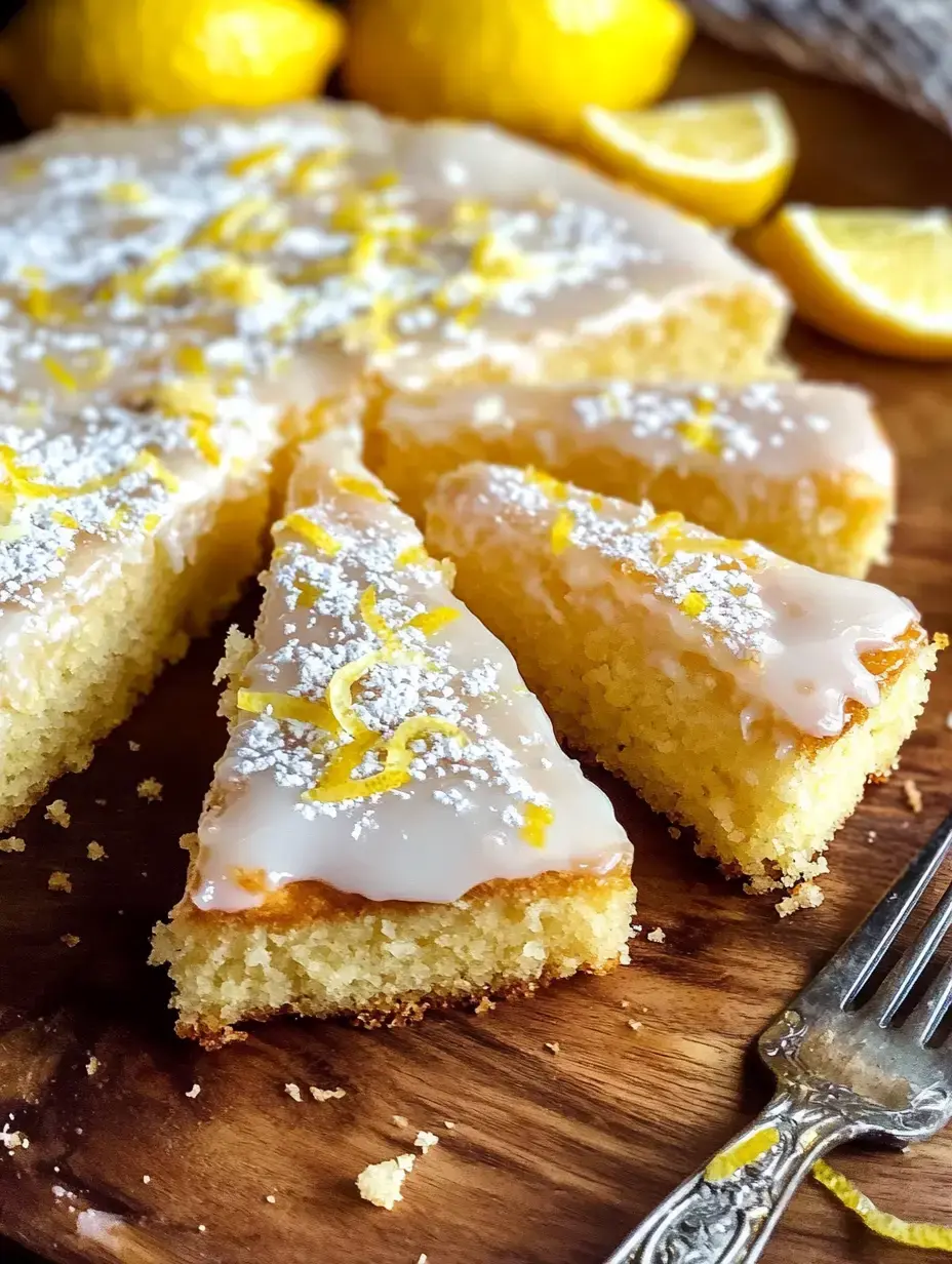 A slice of lemon icing cake, garnished with powdered sugar and lemon zest, is positioned on a wooden board with whole lemons and lemon wedges in the background.