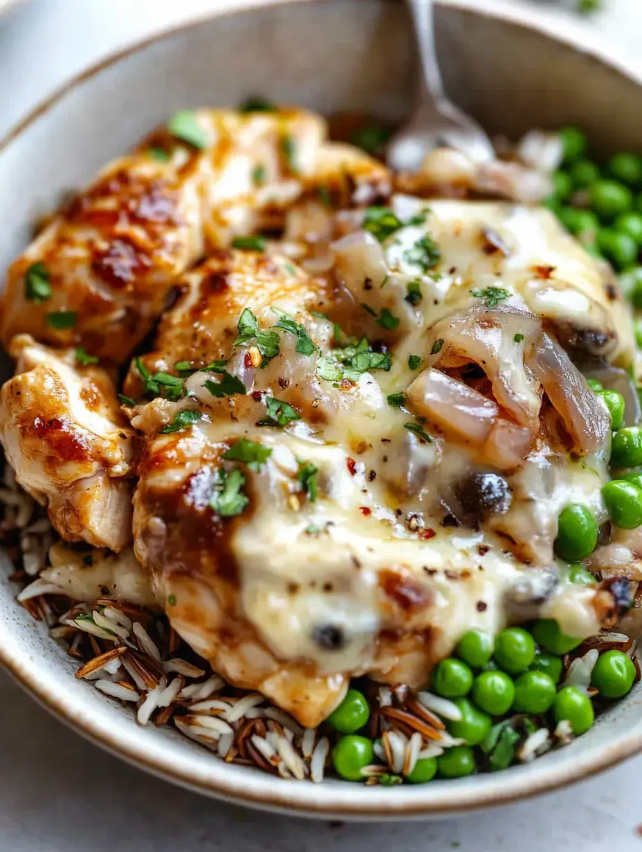 A bowl of white and wild rice topped with grilled chicken, green peas, melted cheese, and chopped herbs.