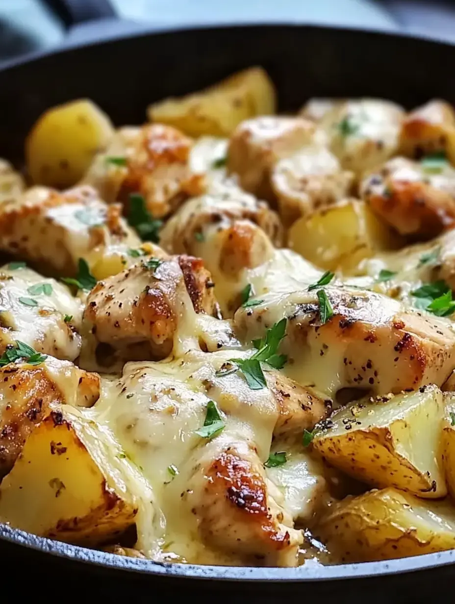 A cast iron skillet filled with pieces of cheesy chicken and golden roasted potatoes, garnished with fresh parsley.