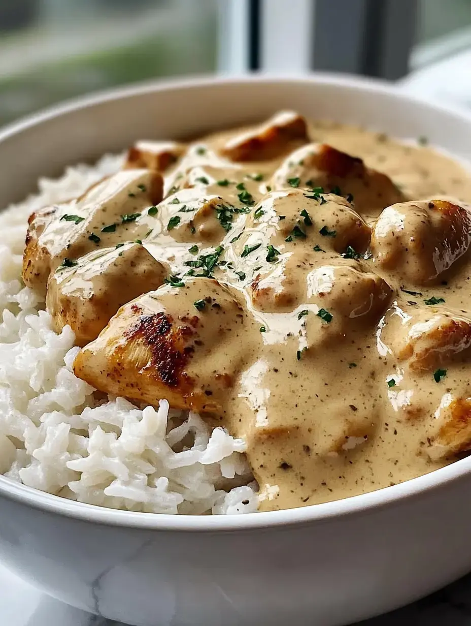 A bowl of white rice topped with pieces of chicken covered in a creamy, seasoned sauce and garnished with chopped parsley.