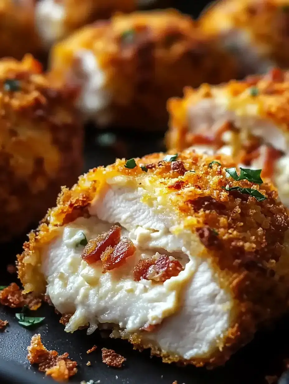 A close-up view of a crispy, breaded chicken roll filled with creamy cheese and bits of bacon, garnished with green herbs.