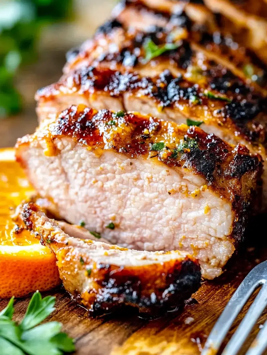 A close-up image of a sliced, golden-brown roasted pork loin garnished with herbs, served on a wooden cutting board alongside an orange slice.