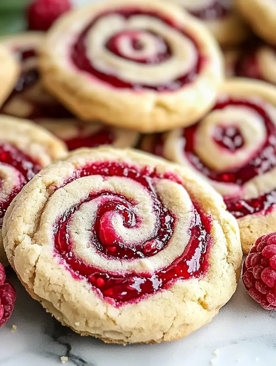 A close-up of spiral-shaped cookies filled with bright red raspberry jam, surrounded by fresh raspberries.