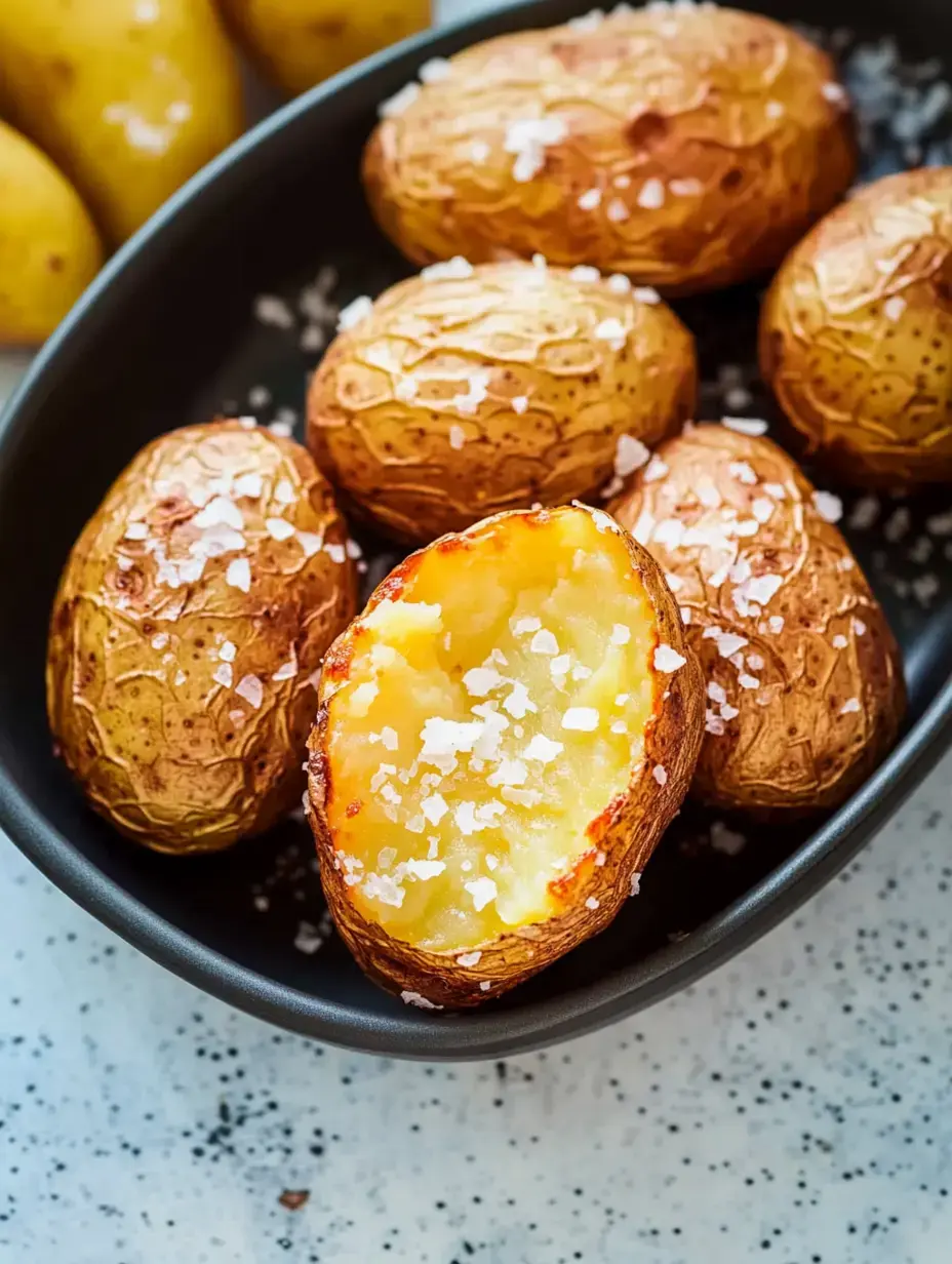 A black bowl holds several roasted potatoes, one halved to reveal a fluffy interior sprinkled with coarse salt.