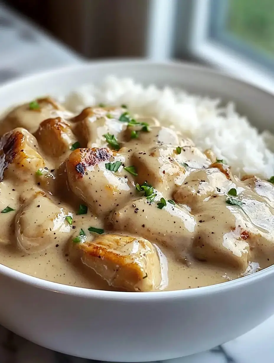 A bowl of creamy chicken and dumplings served over fluffy white rice, garnished with chopped herbs.