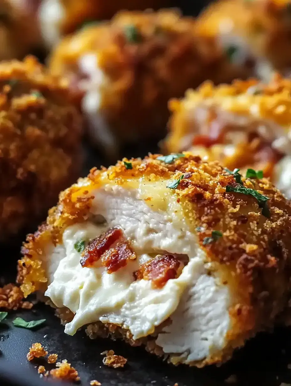 A close-up view of a crispy fried chicken ball, revealing creamy filling with bacon pieces and herbs inside.