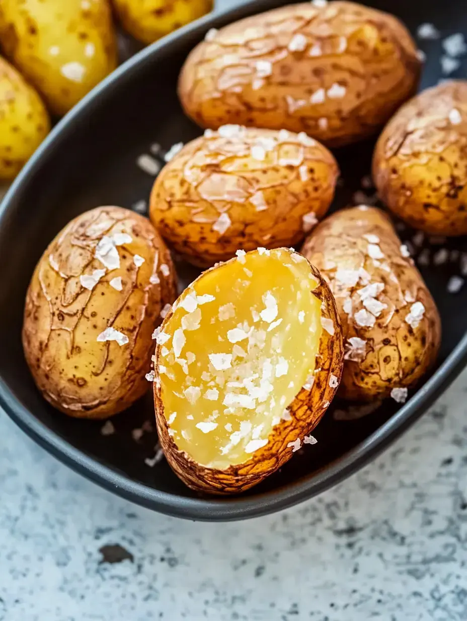 A black plate holds several roasted baby potatoes, one halved to reveal its creamy interior topped with sea salt.