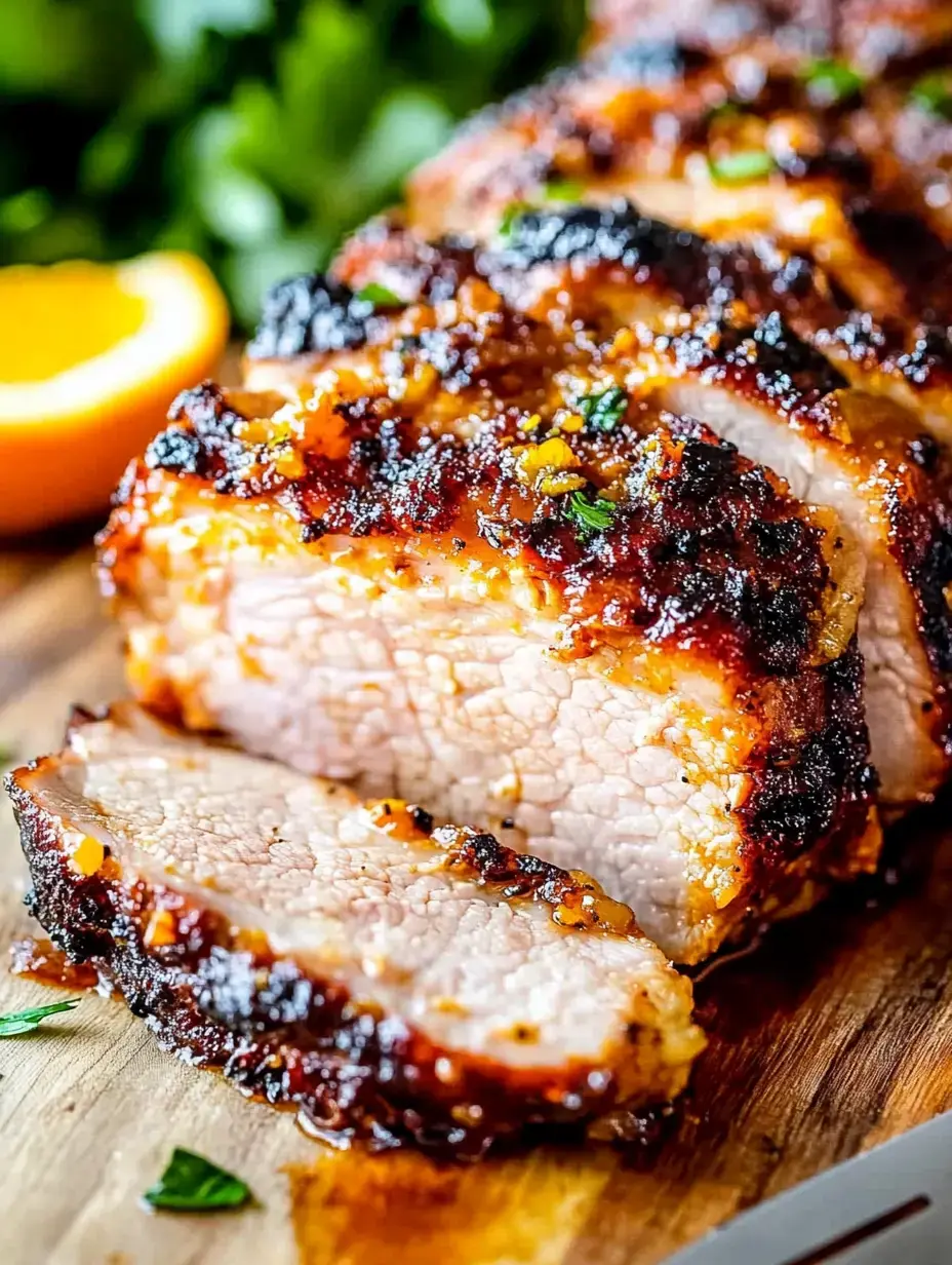 A close-up of a roasted pork loin, sliced to show its juicy interior and seasoned crust, accompanied by fresh parsley and a slice of orange.