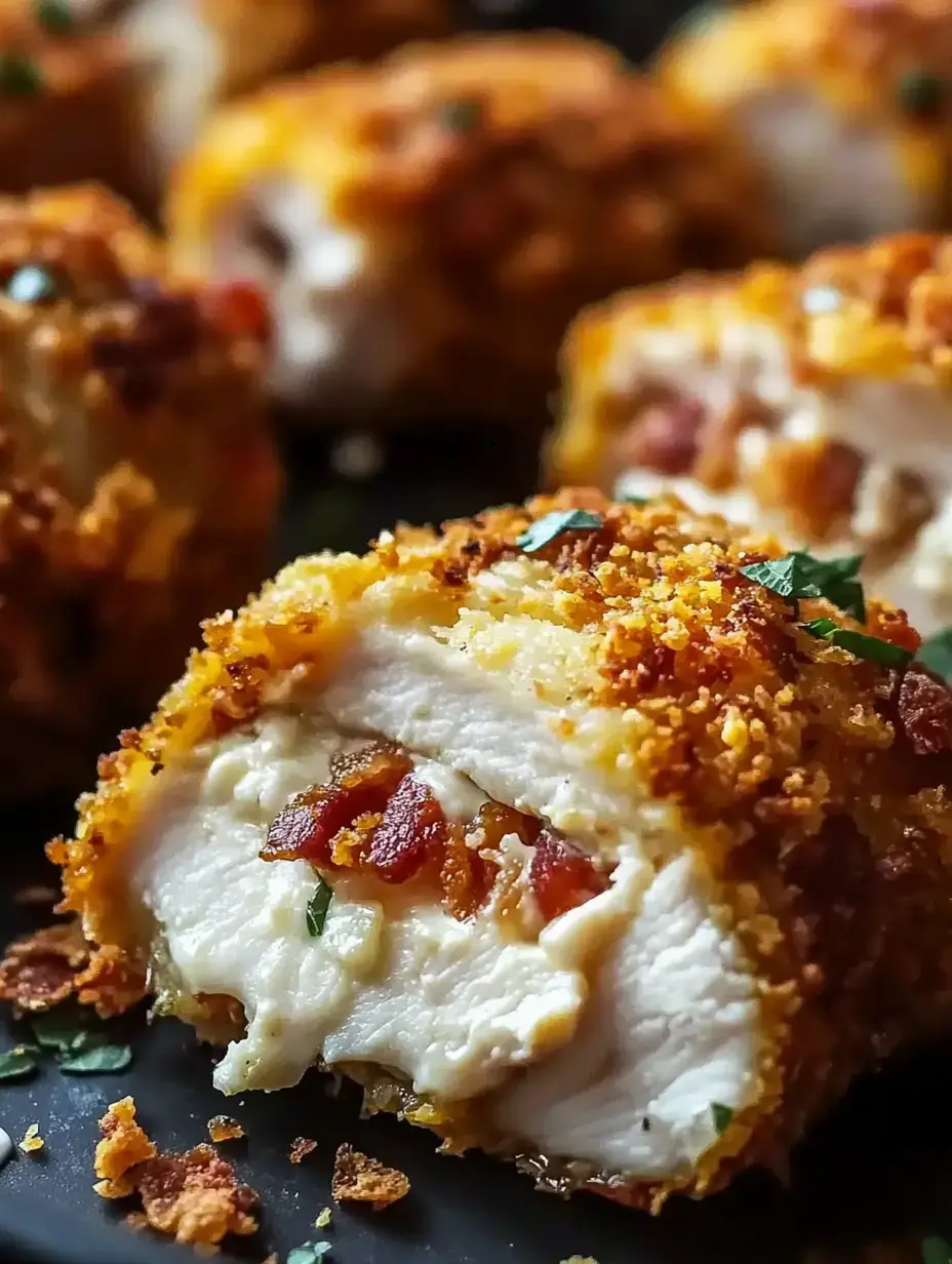 A close-up view of a crispy, breaded chicken roll stuffed with creamy cheese and bacon, garnished with herbs.