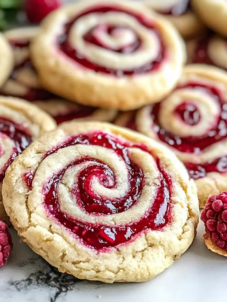 A close-up image of swirled raspberry jam cookies, featuring a spiral design on a light cookie base, surrounded by fresh raspberries.