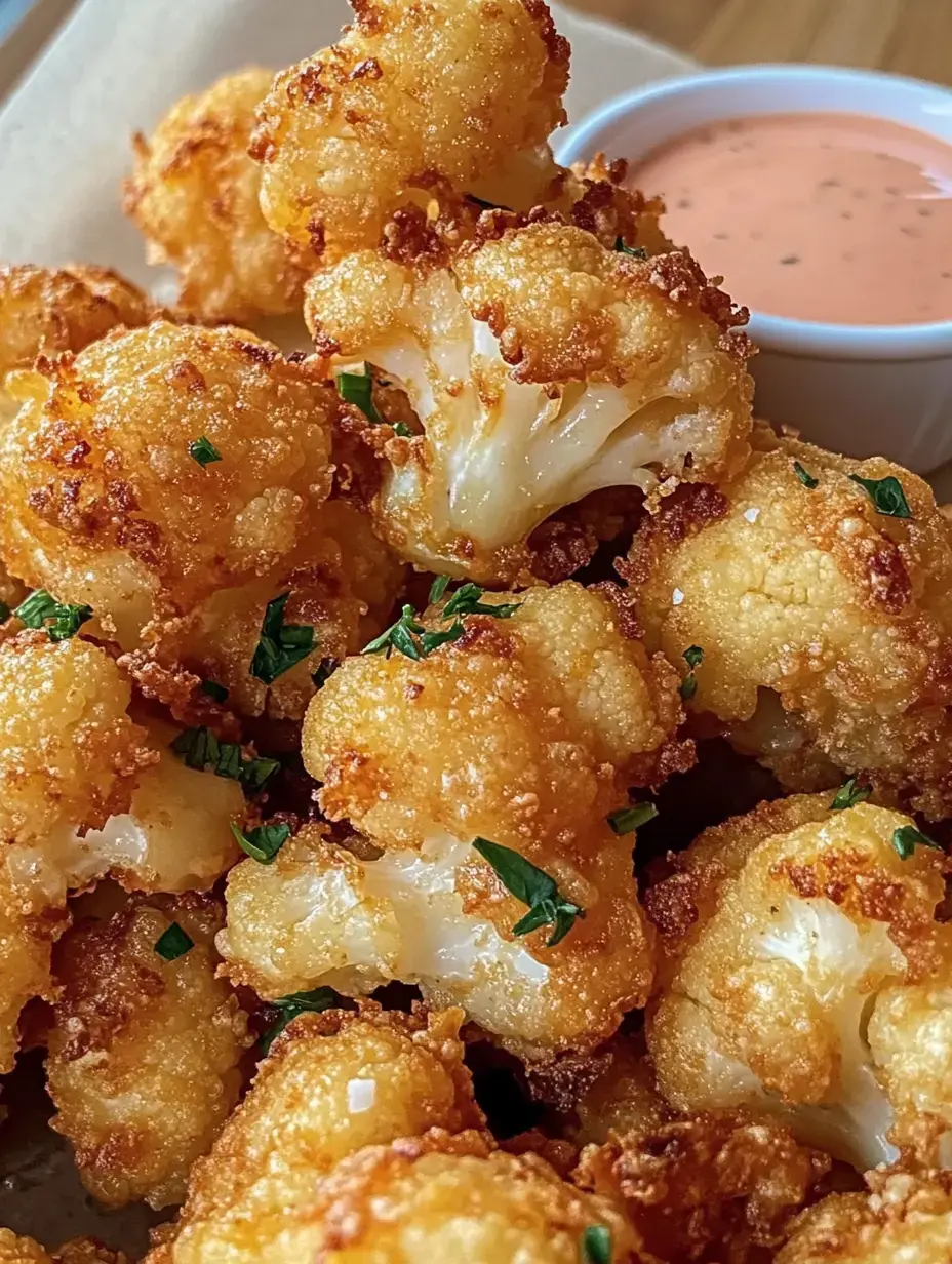 A close-up of crispy, golden-brown battered cauliflower pieces garnished with green herbs, accompanied by a small bowl of dipping sauce.