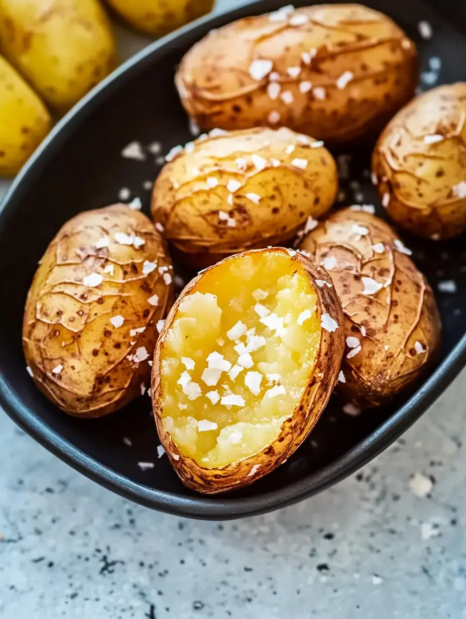 A black bowl filled with roasted potatoes, one of which is halved to reveal its fluffy interior sprinkled with sea salt.