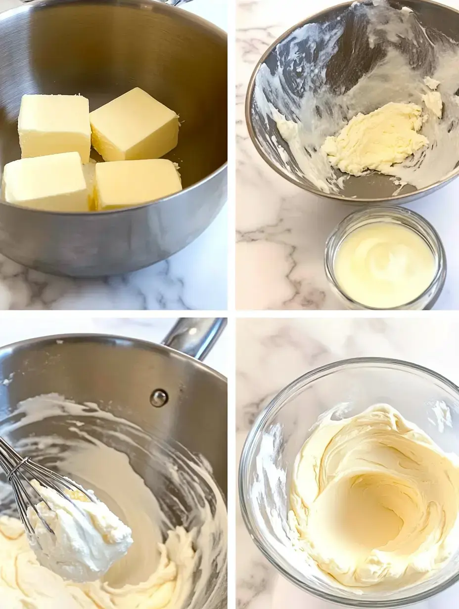 A collage showing the process of preparing buttercream frosting, including butter in a mixing bowl, whipped butter, and the finished frosting in a glass container.