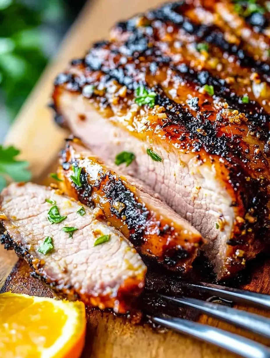 A close-up of a sliced, grilled meat dish garnished with fresh herbs on a wooden cutting board, alongside a slice of orange.