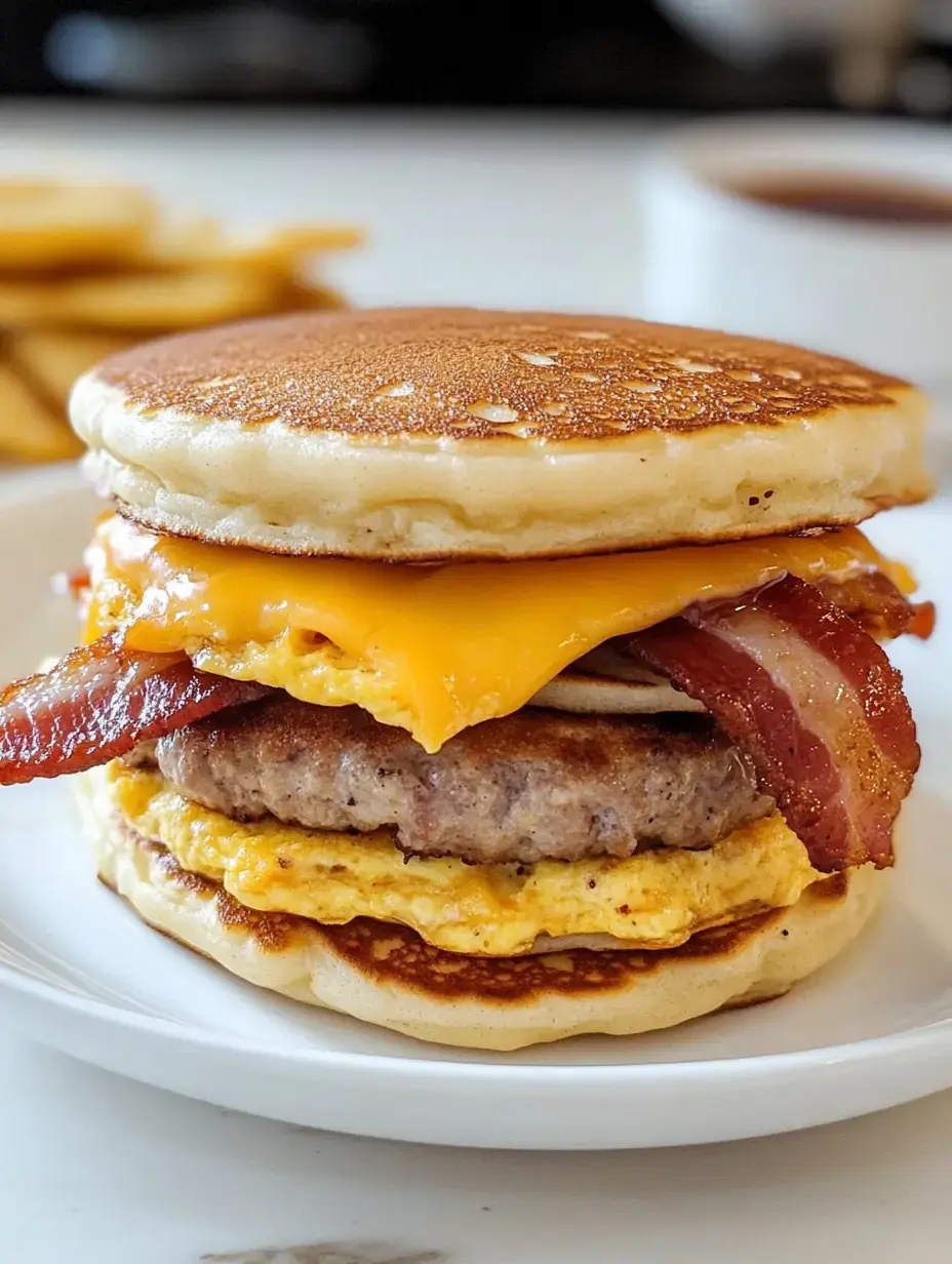 A stacked breakfast sandwich featuring pancakes, cheese, bacon, sausage, and an egg.