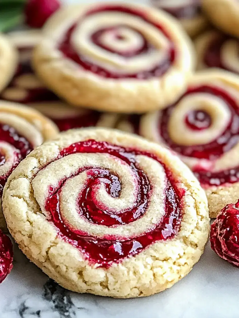 A close-up of spiral-shaped cookies filled with red jam, surrounded by fresh raspberries.