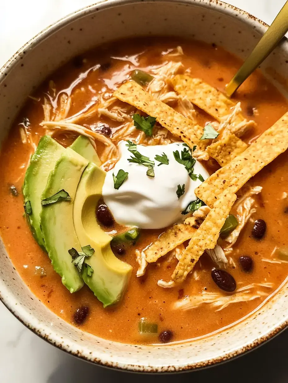 A bowl of soup featuring shredded chicken, black beans, avocado slices, tortilla strips, a dollop of sour cream, and fresh herbs.