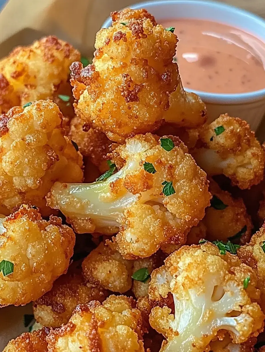 A close-up of crispy, golden-brown cauliflower bites garnished with green herbs, served with a small cup of dipping sauce.