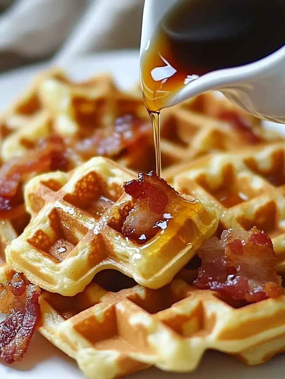 A close-up of golden waffles topped with crispy bacon and drizzled with syrup.