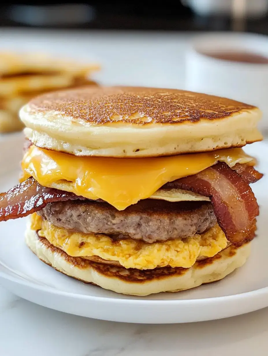 A stacked breakfast sandwich featuring pancakes, a cheese slice, bacon, sausage patty, and scrambled eggs on a plate.