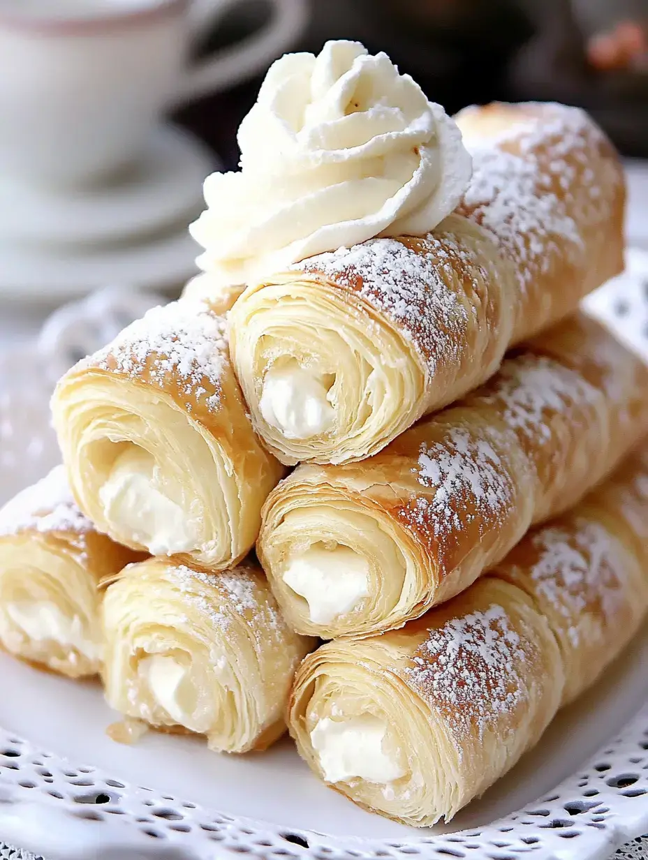 A stack of cream-filled pastry rolls topped with whipped cream and dusted with powdered sugar on a decorative plate.