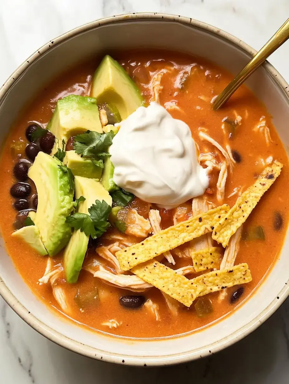 A bowl of soup topped with shredded chicken, avocado, cilantro, sour cream, black beans, and tortilla strips.