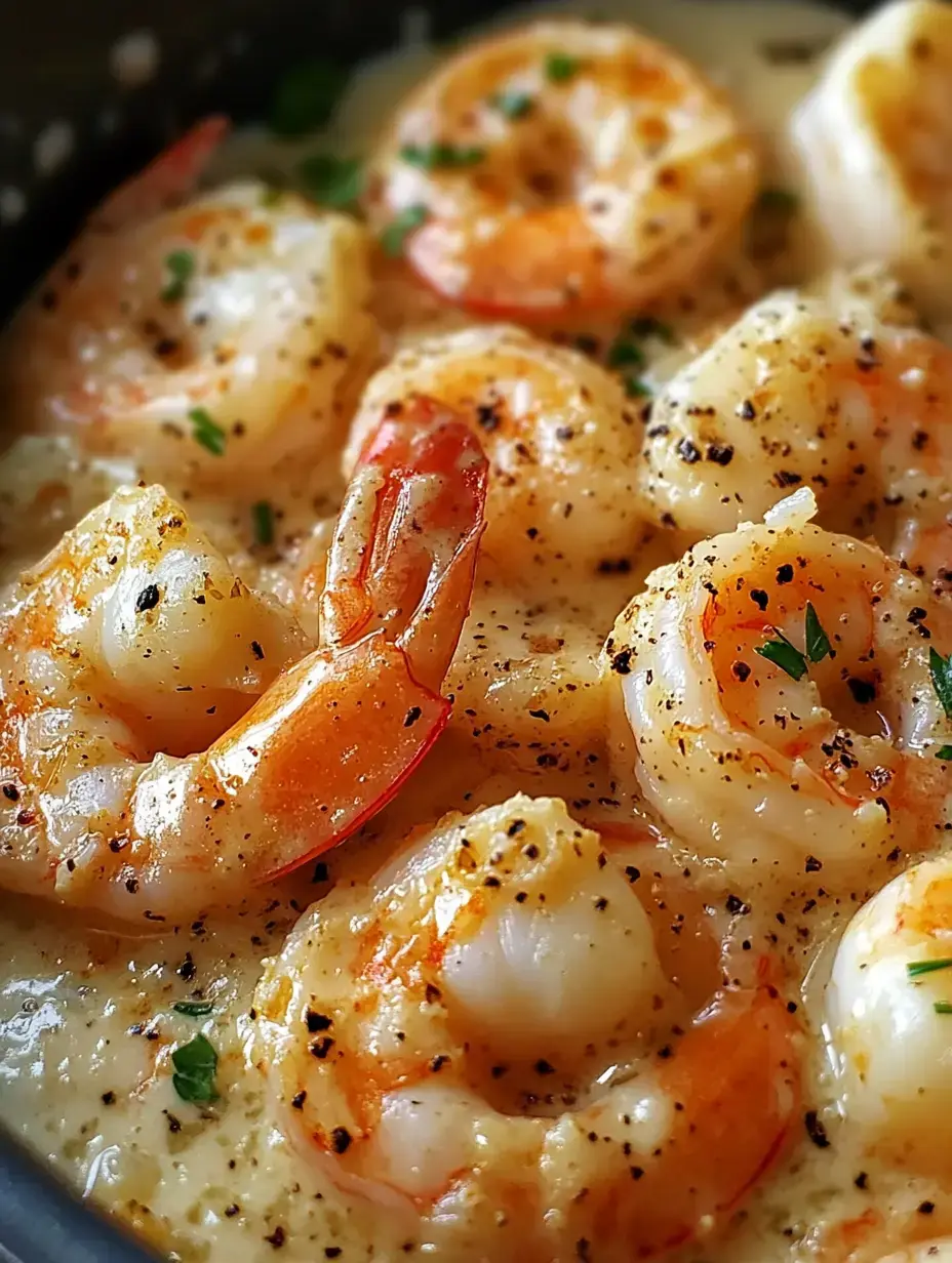 A close-up of cooked shrimp in a creamy sauce, garnished with herbs and black pepper.