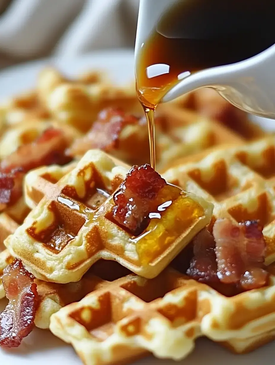 A stack of golden waffles topped with crispy bacon and syrup being poured over them.