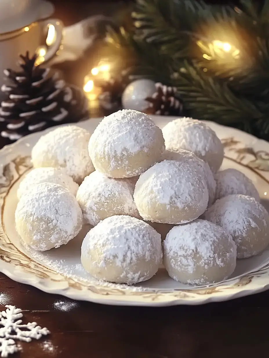 A plate of powdered sugar-coated cookies is arranged elegantly with pinecones and festive lights in the background.