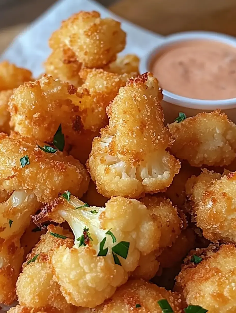 A plate of crispy, golden-fried cauliflower pieces garnished with parsley, accompanied by a small bowl of dipping sauce.