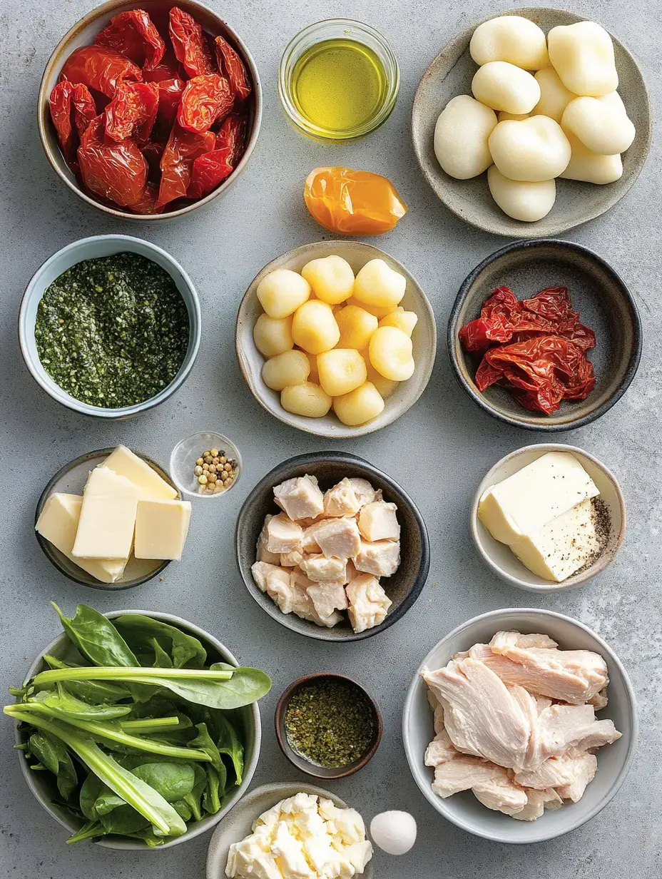 A variety of ingredients arranged on a light surface, including sun-dried tomatoes, olive oil, small potatoes, pesto, greens, butter, and pieces of chicken.