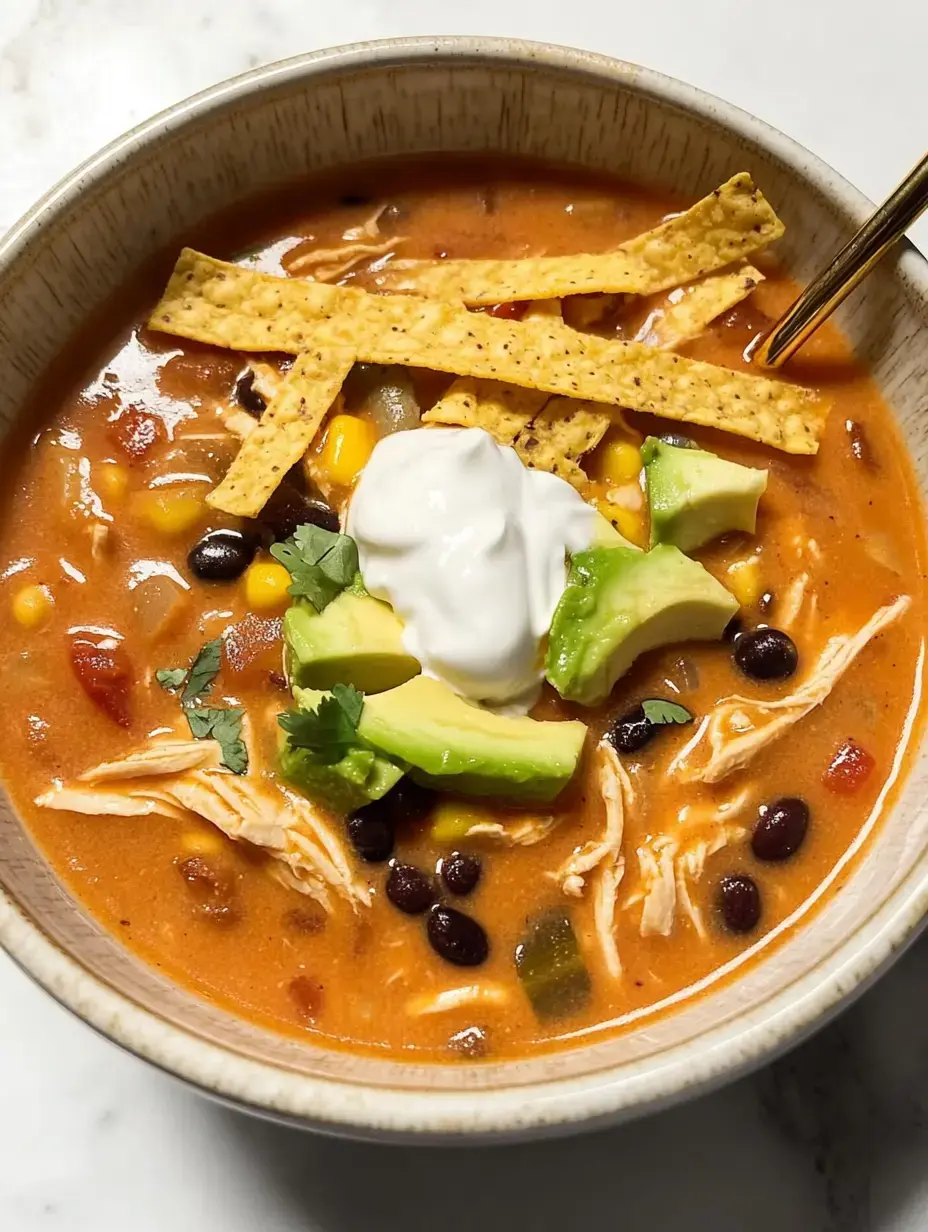 A bowl of chicken soup with black beans, corn, avocado, sour cream, and tortilla strips garnished with cilantro.