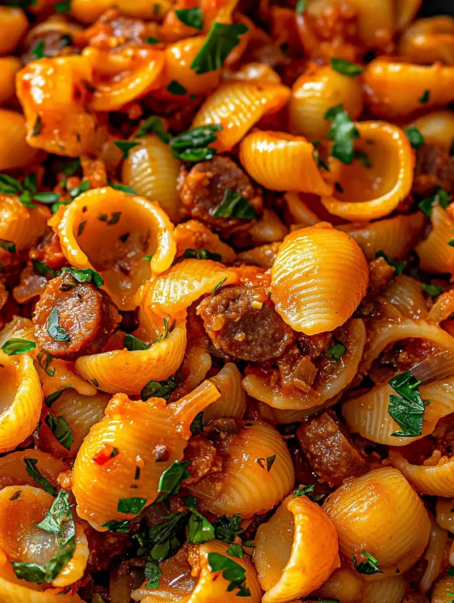 A close-up of cooked pasta shells mixed with sausage and garnished with chopped parsley in a rich tomato sauce.