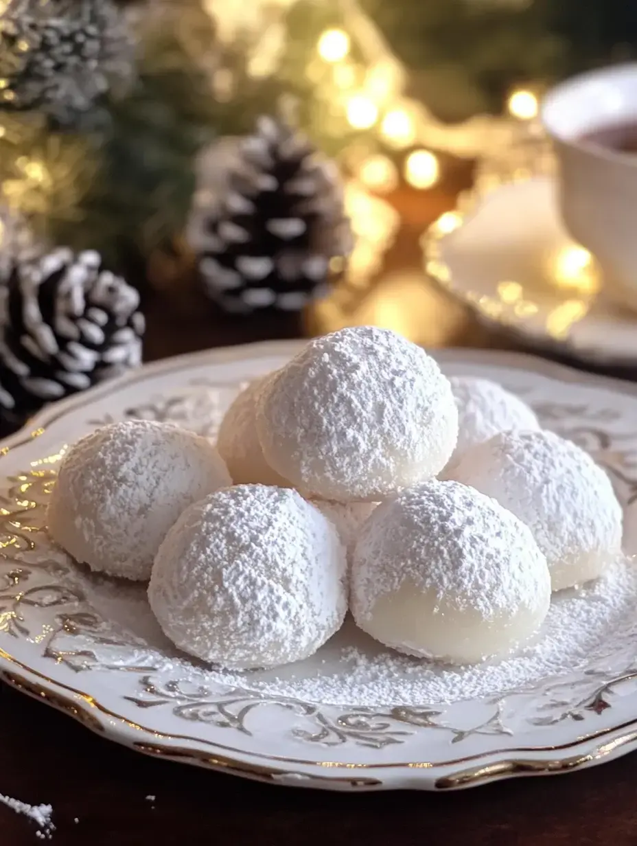 A plate of powdery white snowball cookies arranged in a pyramid shape, set against a cozy, festive background with pine cones and soft lighting.