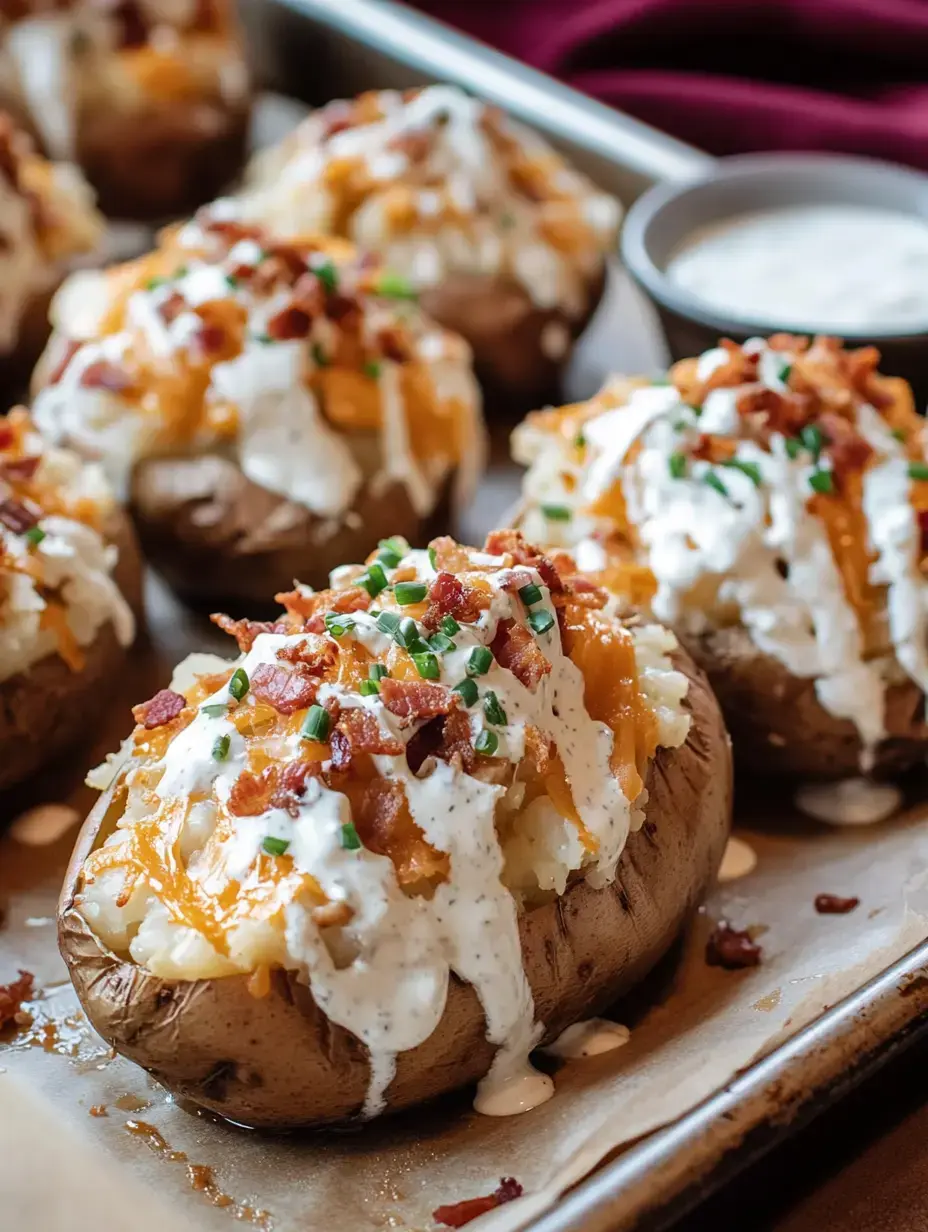 Baked potatoes are topped with cheese, sour cream, bacon bits, and chives, served on a baking tray.