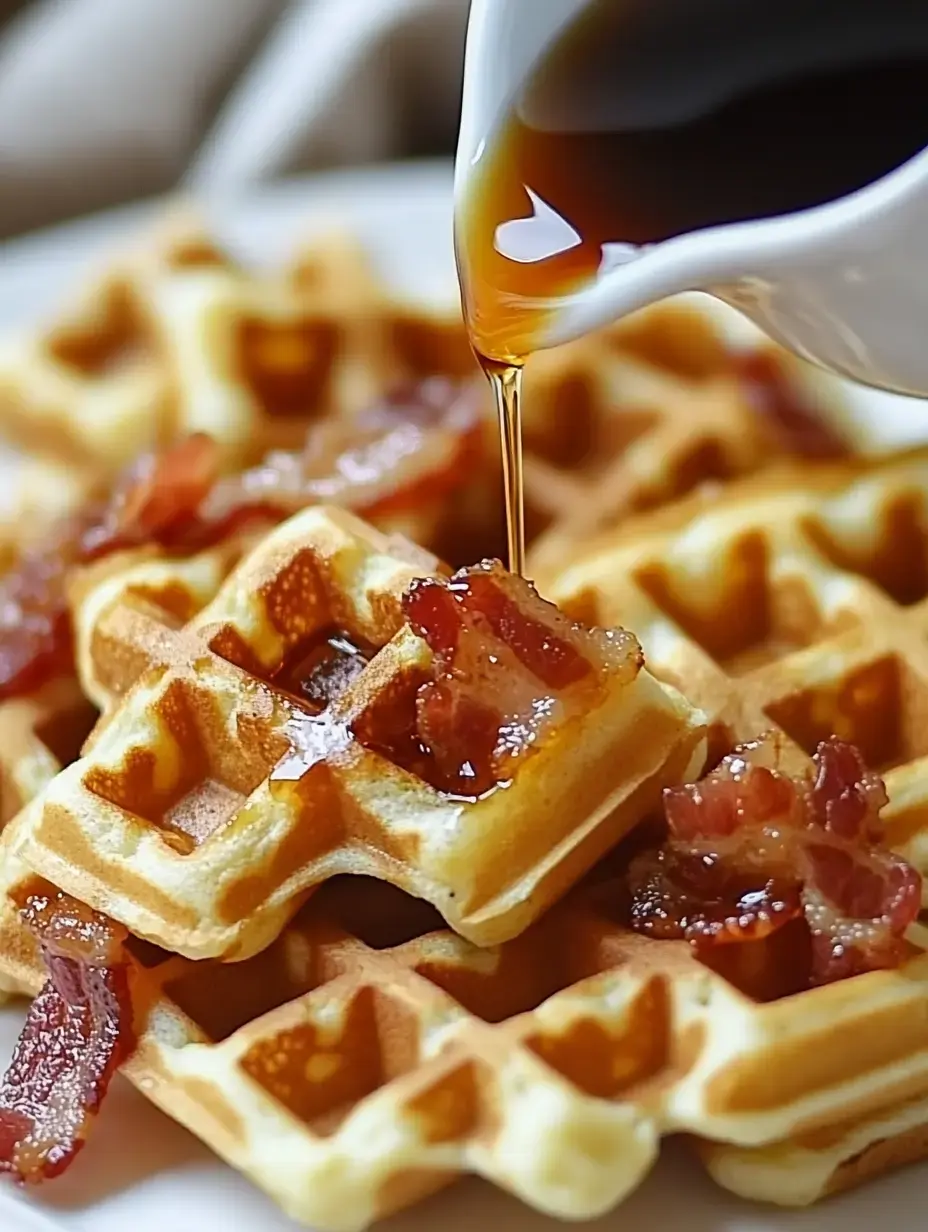 A plate of waffles topped with crispy bacon and syrup being poured over them.